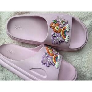 Zara Pink Slide Sandals with Care Bears and Rainbow Design